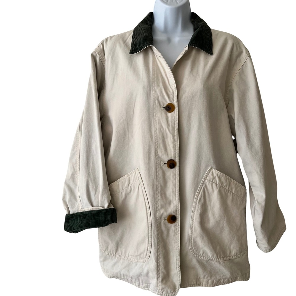 Lands End Barn Jacket Beige Cotton Canvas Chore Coat Lined Womens Small FLAWS